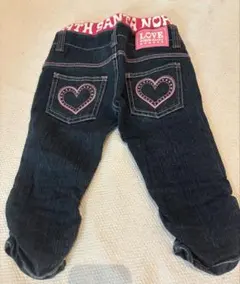 未使用110cmデニム裾くしゅくしゅデザインパンツ ピンクステッチ ハート