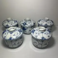 【5客】耕窯 染付 唐花唐草 蓋付湯呑 蓋付き茶碗 来客用 和食器のサムネイル