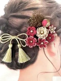 つまみ細工　髪飾り ローズピンク