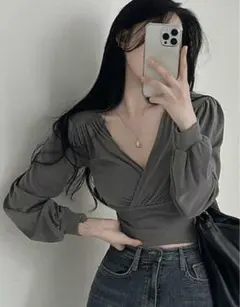 DAZY 女性用 Vネック 長袖 Tシャツ