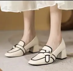 バックル　ローファー　スクエアトゥパンプス　５ｃｍヒール　ベージュ # 23.0