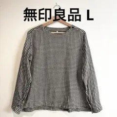 無印良品 フランネル起毛ボートネックシャツ 白黒チェック ギンガムチェック L