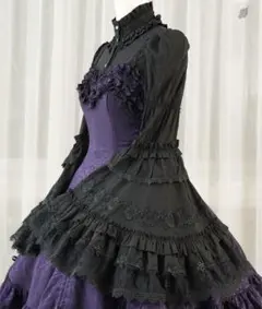 ロリータ フリルブラウス 後ろ編み上げ姫袖 シャーリング ブラック　L