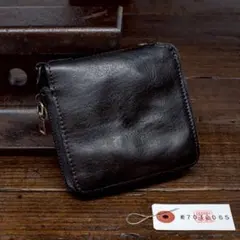 本革 ミドル ラウンドファスナー 二つ折り メンズ 牛革 財布 黒 ブラック