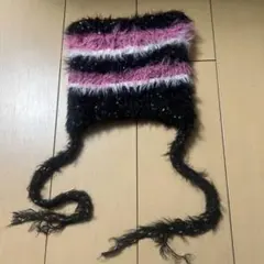 猫耳ファー風ストライプニット帽