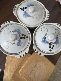 陶器製蓋つきグラタン皿3個セット敷板付き