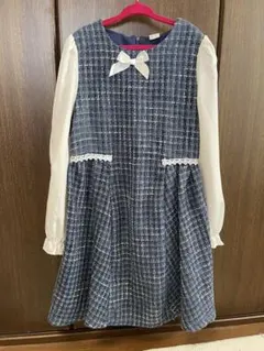 美品ワンピース/ツイード風/ブルーネイビー/フォーマルにも/130