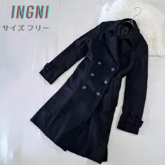 イング ブラックロングコート ブラック M トレンチコート ベルト付き