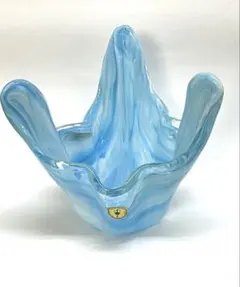 岩田ガラス製　水色マーブル模様のガラス花器　置物　アンティーク258