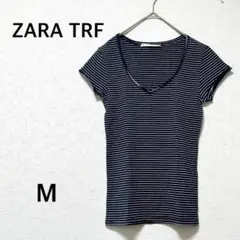 ZARA TRF Tシャツ　半袖　ボーダー　Vネック　ネイビー　カジュアル　Mのサムネイル