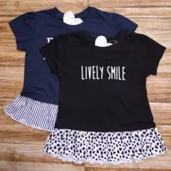 新品 未使用 英字プリント 裾フリル 半袖 Tシャツ 黒とネイビー 120