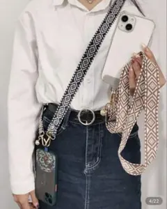 パールデコレーション付き調整可能レトロ柄/ スマホストラップ