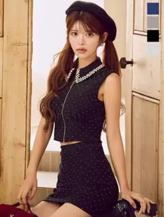 パール襟フロントジップセットアップタイトミニドレス/キャバドレス