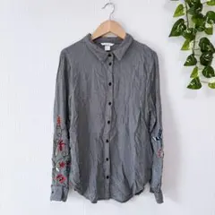 【エイチアンドエム】長袖シャツ 千鳥柄 リーフ刺繍 カジュアル（EUR42）