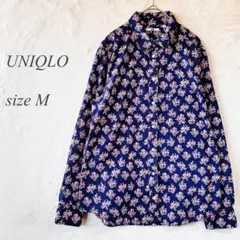 UNIQLO 長袖柄シャツ M エスニック柄 ネイビー 赤 派手 819