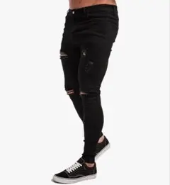 ブラック スキニーデニム ダメージ加工