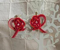No.1535 水引　イヤリング　赤系　ハート風