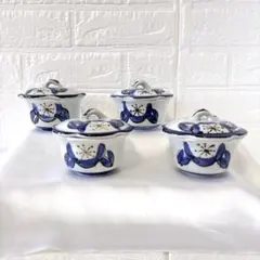 蓋付き珍味入れ 4客セット 染付 手描き風 蓋付き小鉢 茶碗蒸し