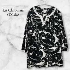 個性的‼️Liz Claiborne【OX】花柄チュニック Yブラック モノトーン
