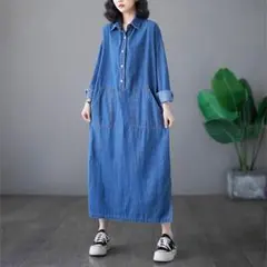 デニム ワンピース ゆったり シャツワンピース ロング　楽チン　体型カバー