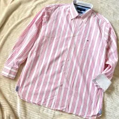 トミーヒルフィガー ストライプシャツ XL ピンク ロゴ刺繍 オーバーサイズ古着