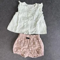 フリル付きトップスとドット柄ショートパンツセットアップ ミントグリーン　ドット