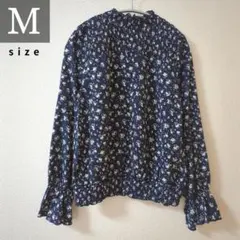 【フォロー割5%オフ❗️未使用】ブラウス　長袖　花柄　紺　フリル　可愛い　Ｍ