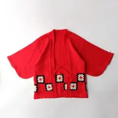 vintage 古着 レッド お花 クロシェ ニット 半纏 カーディガン 羽織り