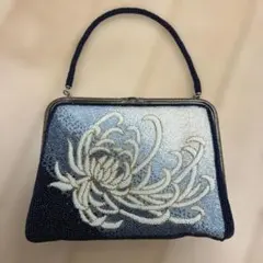 ビーズバッグ　和装用バッグ 白い花刺繍 ネイビー　着物用バッグ　アンティーク