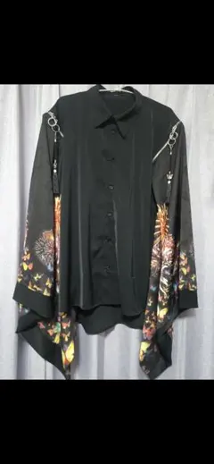 REZEN　蝶×花火プリント和袖シャツ　漆黒