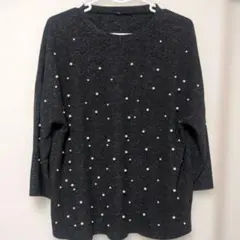 【美品】ZARA風 パール装飾 ニットセーター ダークグレー 7分袖 L相当