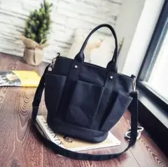 ショルダーバッグ ハンドバッグ 2way キャンバス　大容量 収納あり　黒