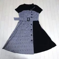 ラブトキМ150サイズ　ベルト付きチェック切替えワンピース　黒✕グレー　プリーツ