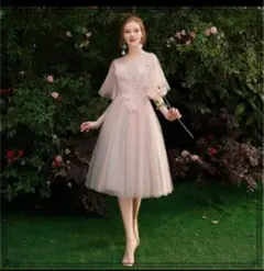 結婚式　パーティー　フレアスリーブチュールワンピース