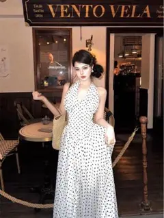 韓国 服 レディース ワンピース 白 ドット柄 ノースリーブ ロングドレス 白