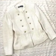 ZARA ザラ ツイードジャケット　ノーカラー　ナポレオン風 金ボタン 白 L
