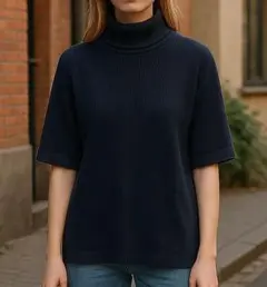 美品 アンタイトル ニット S ネイビー リブ編み タートルネック 五分袖