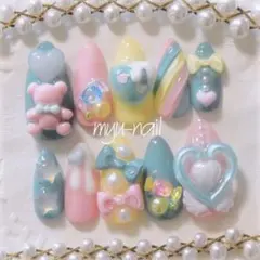 現品♡ネイルチップ♡パステルカラー くまちゃん ゆめかわ 量産型 地雷 サブカル