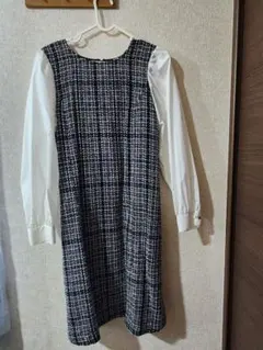 ツイード長袖ひざ丈ワンピース ブラウス一体型 上品 きれいめ 通勤 オフィス