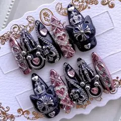 ネイルチップ 量産型 地雷 サブカル 天使界隈 黒 ピンク 猫 ハート ピアス