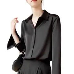 黒　シャツ レディース 無地 長袖 トップス オフィス 通勤 シンプル ゆったり