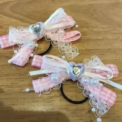 【全長7.5〜8cm】レースリボン　キラキラビジュー付き　ヘアゴム