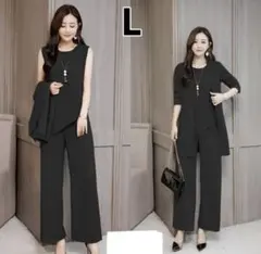 無地フォーマル　カジュアルパンツスーツ　レディース　L　3点セット　ブラック
