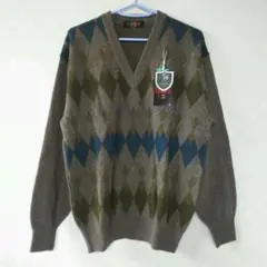 【未使用】茶色アーガイル柄 M デザインニット ヴィンテージ カシミヤ混 日本製