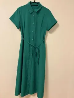 GU ロングワンピース グリーン 半袖 ウエストリボン付き M