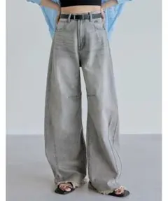 Re:EDIT 裾フリンジバレルレッグデニムパンツ M グレー系のサムネイル