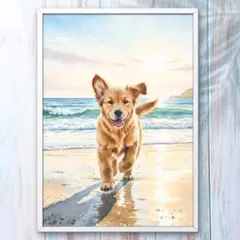A4 夕陽の海辺を駆ける子犬の笑顔 元気と癒しの水彩アート インテリアポスター