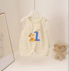 ベビーロンパース 90 イエローチェック 1歳 誕生日 ロンパース おうちフォト