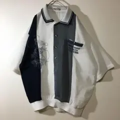 【個性派古着】半袖デザインシャツ　襟付きハーフボタン　透け感　メンズ3Ｌ