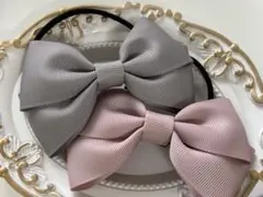 リボンヘアゴム グレー ピンク 2色セット